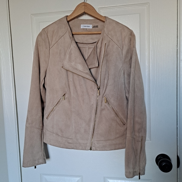 Cream Calvin Klein Suede Moto Jacket - Picture 2 of 6